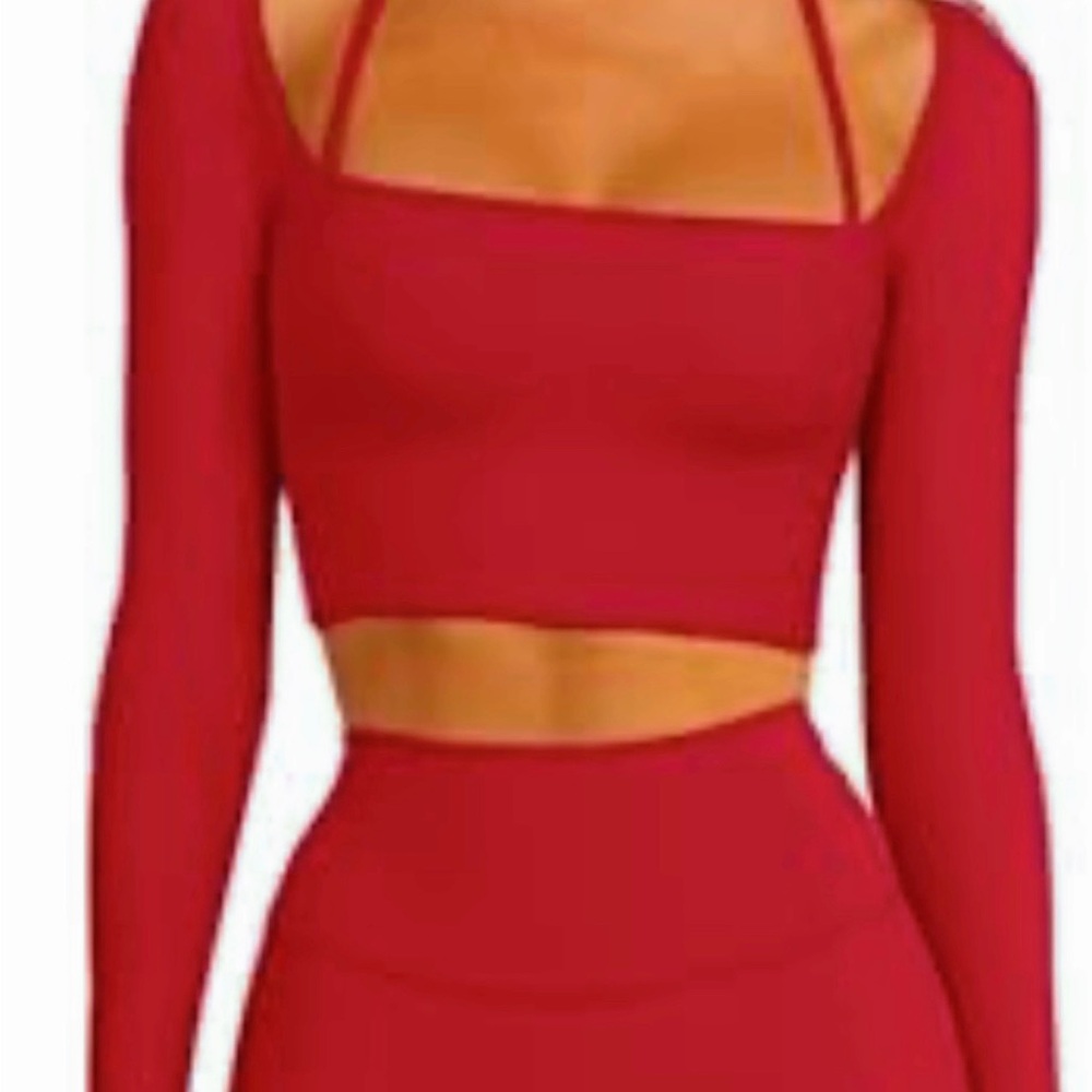 Red Long Sleeve Crop Top and Skirt Set